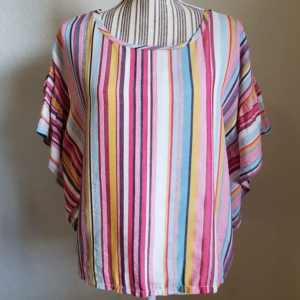 NWT ZUIKI LINEN STRIPED WING SLEEVED WOMENS TOP